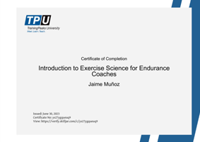 Certificación TrainingPeaks Introduction to Exercise Science for Endurance Coaches concedido al Coach de ciclismo Jaime TwoInky de Two Inky Bike