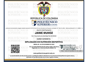 La Universidad Politecnico de Colombia otorga a el coach Jaime TwoInky la certificación en Alimentación Deportiva
